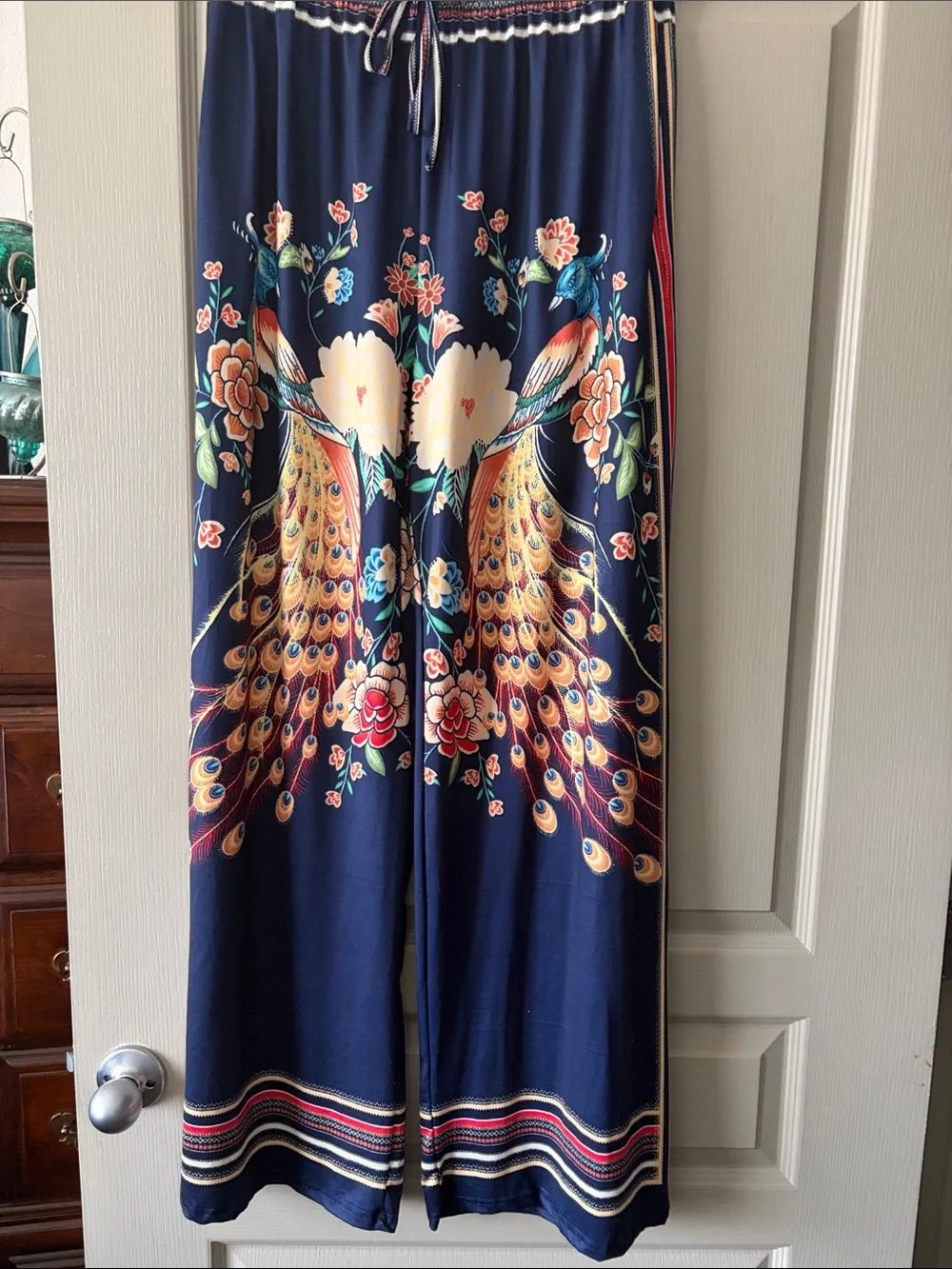 Navy Peacock-Print Curtain Panel with Floral Accents
